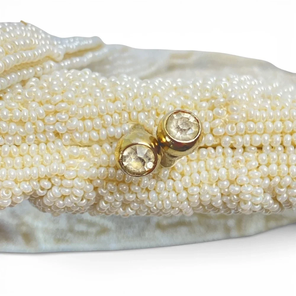 Vtg 50s Made in Japan Off-White Beaded Evening Bag Rhinestone Clasp Bridal